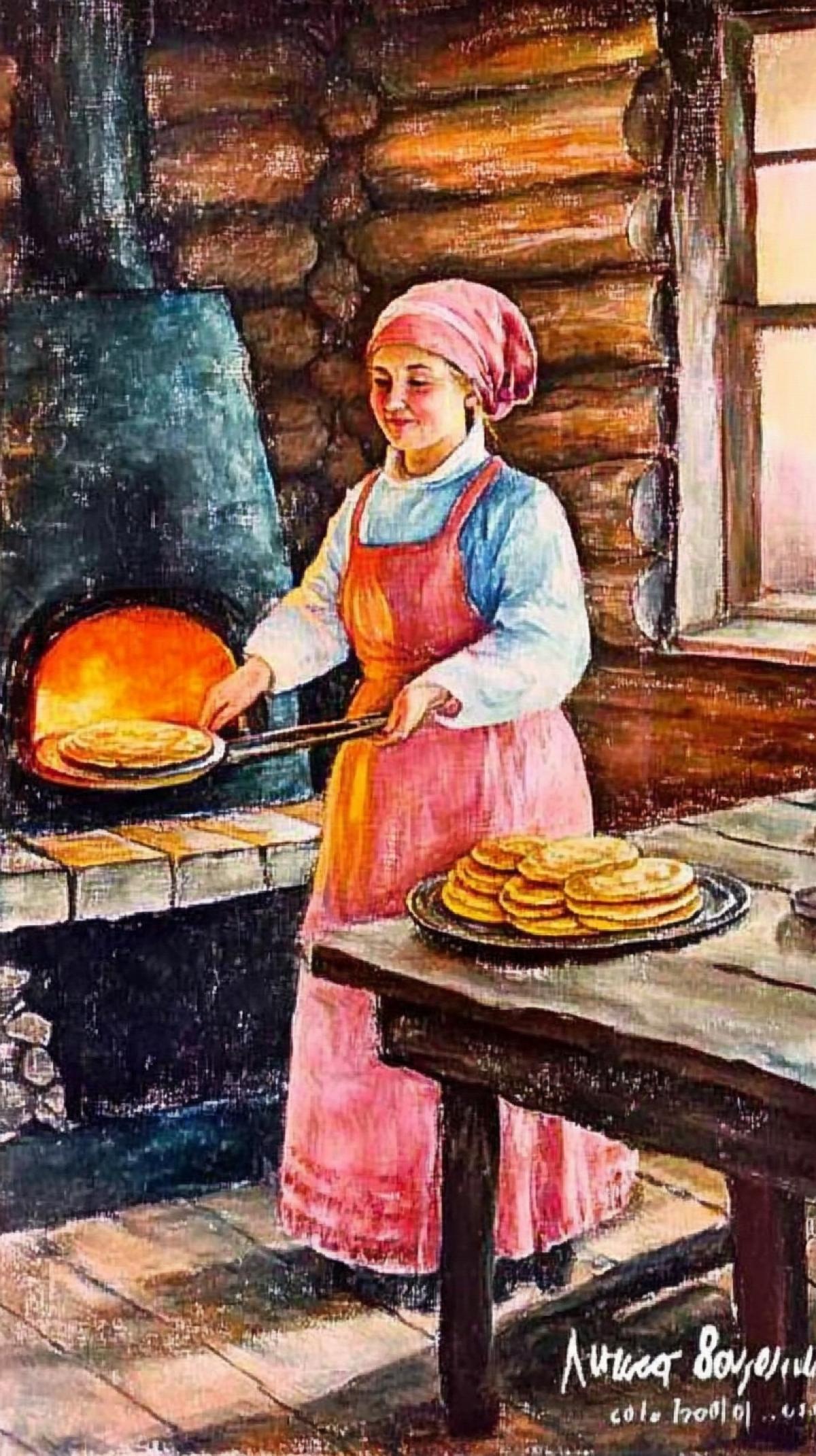 Russian Russian oven painting, auntie bakes pancakes in the oven, ready-made pancakes on a wooden table, Russian hut from the inside