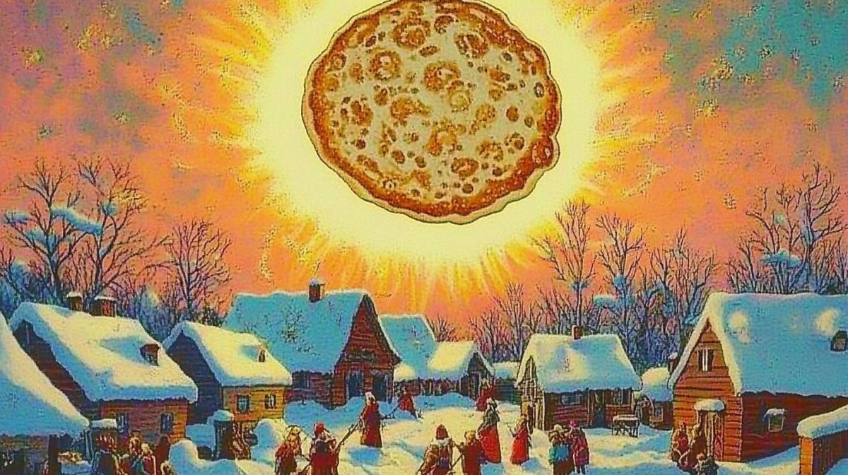 the sun in the sky in the form of a pancake, Russian village, fair with pancakes, folk festivals, bagels, samovar, winter