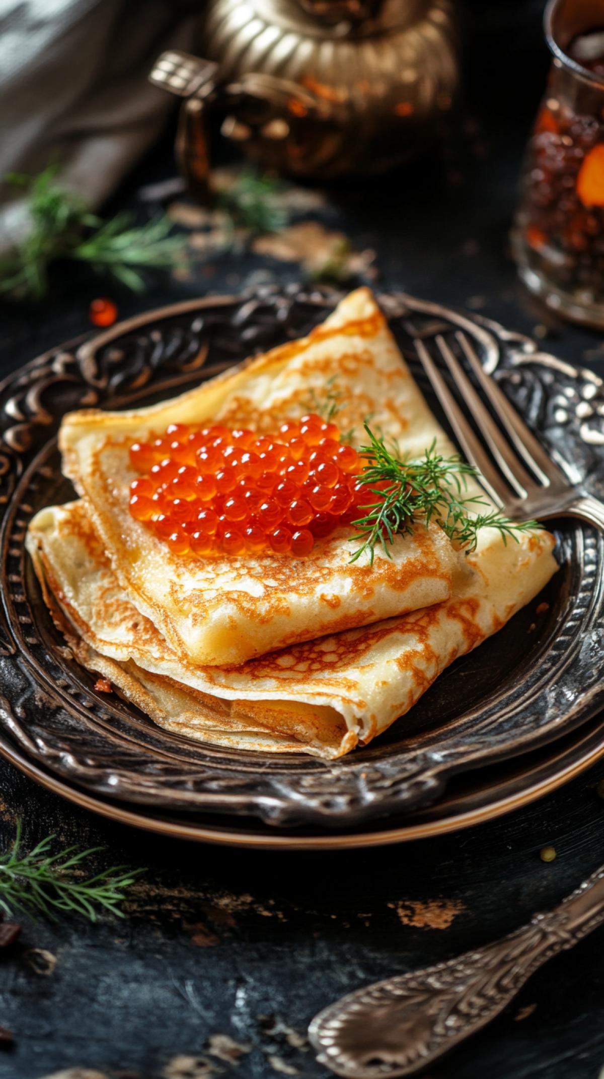 a small plate with Russian crepes on it with red caviar on it, in the style of sovietwave, stockphoto, rollei prego 90