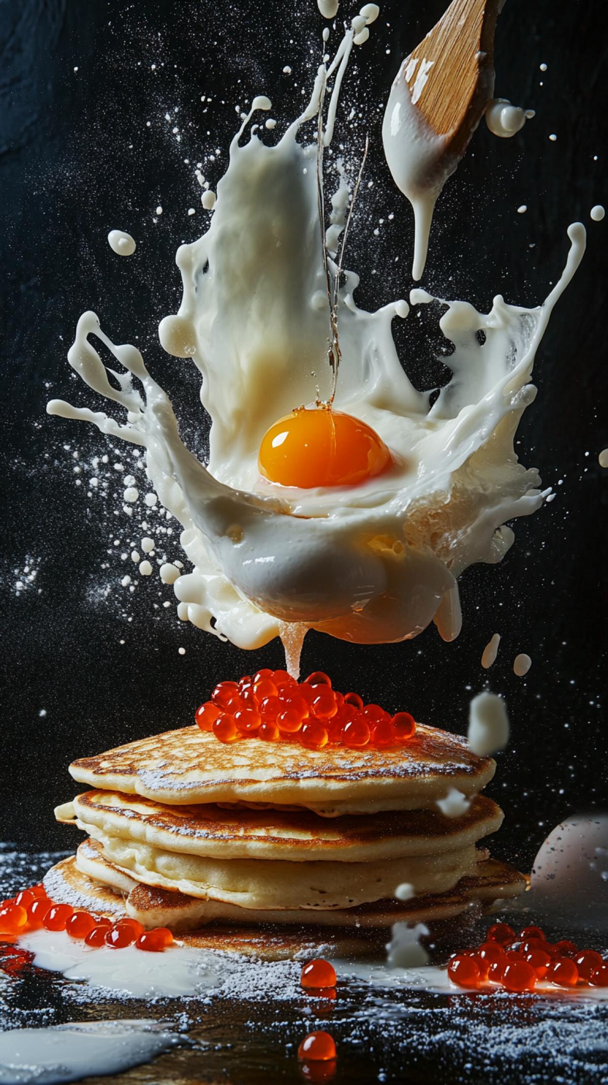 Exploding pancakes, large splashes of food, milk and eggs, wooden spoon, red caviar