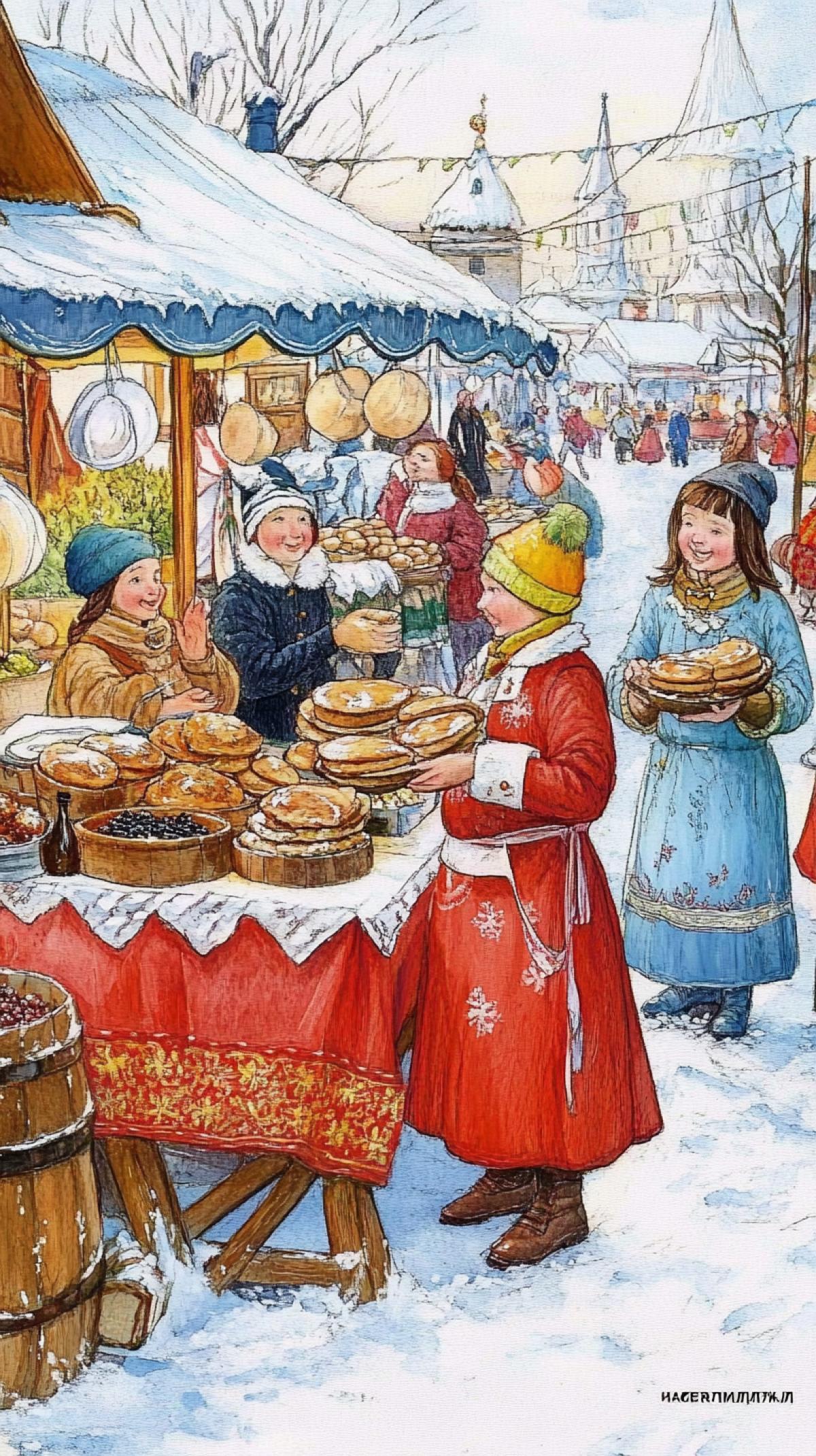 Russian Folk Fair, childrens book illustration. A large table with Samovars stands in the center of an open market on winter streets. On one side are women wearing long aprons and red or blue linen dresses standing behind their stalls selling traditional pancakes with caviar. There were several children ahead . There were also many people in national costumes. high resolution, high detail, HDR