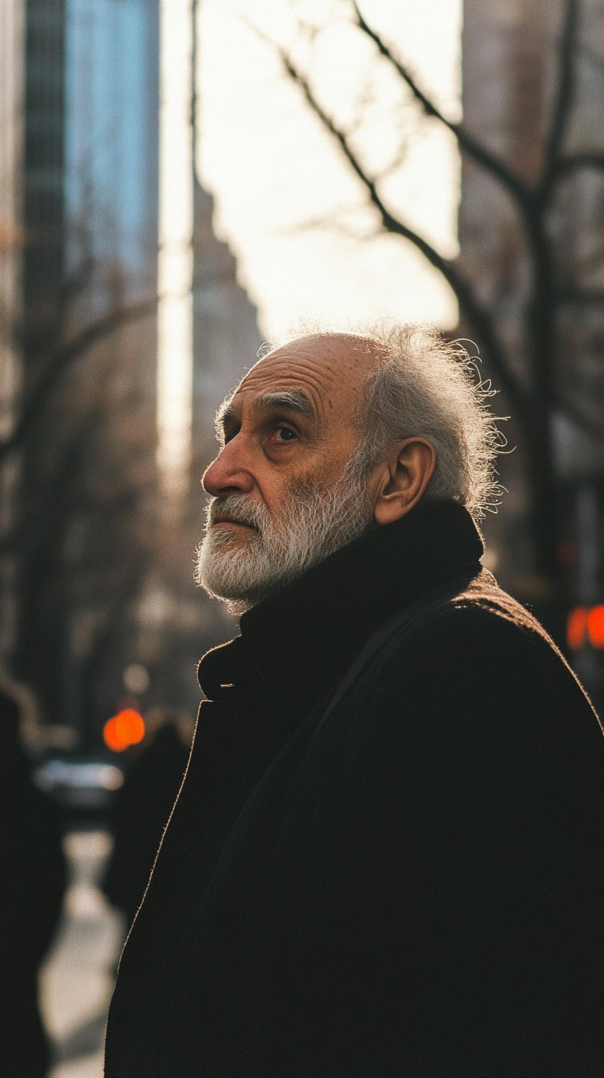 over the shoulder photo of a gorgeous old man. in the city. Shot on 35mm with Kodak Portra 400 film stylize 100