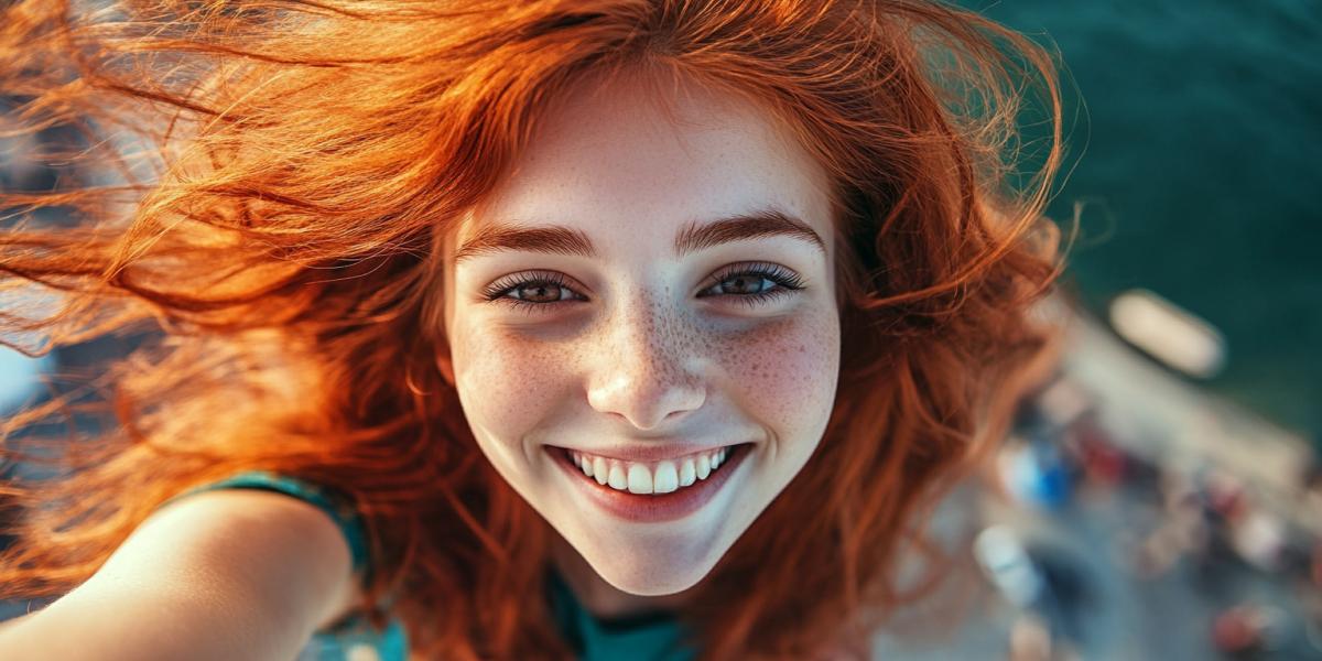 Selfies of a redhaired smiling girl lensfrying eyes, top view, great barrelshaped, overwhelming horizon