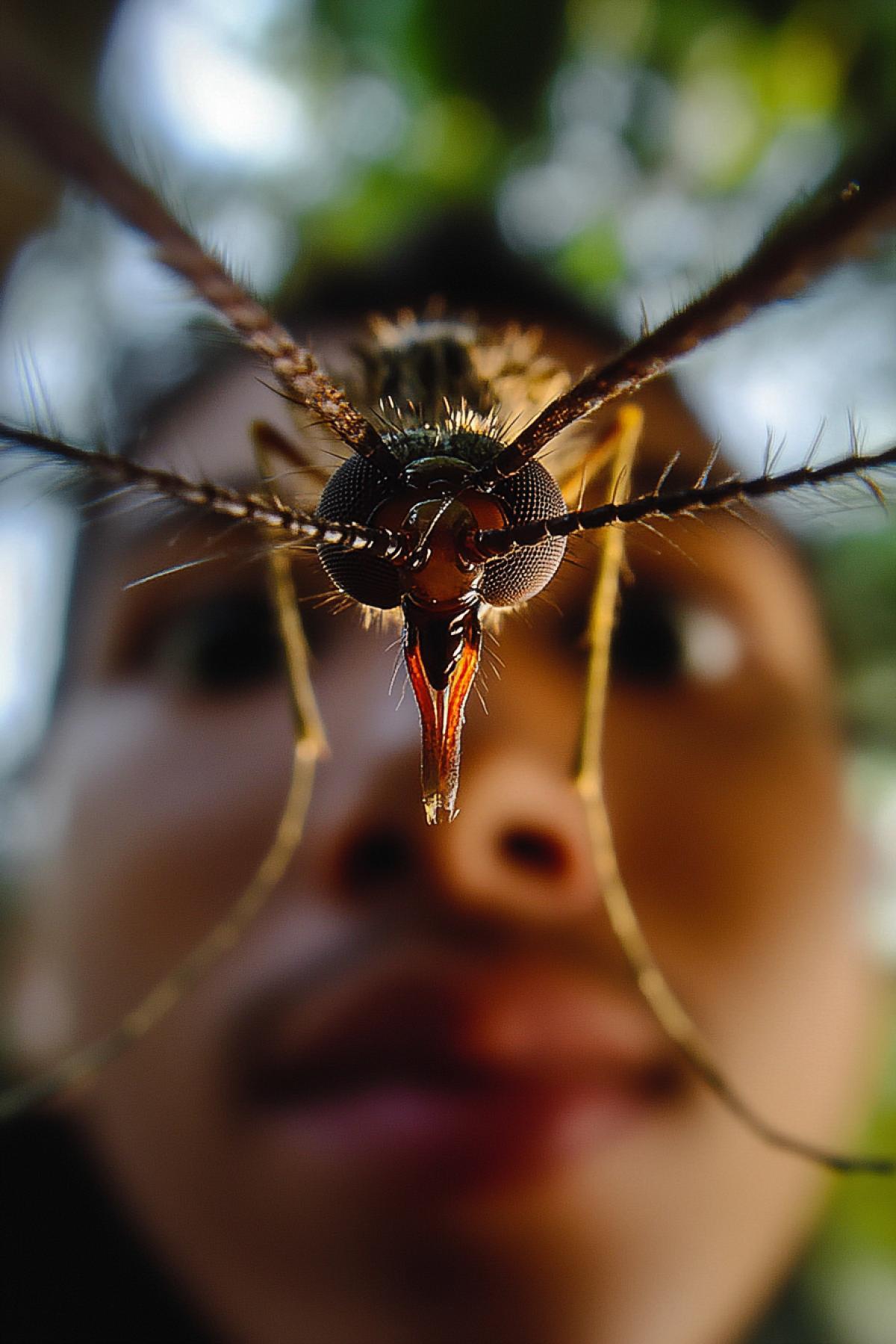 The shot is taken from a camera mounted on a mosquito’s back. The mosquito flies toward a person’s face, aiming to bite. The photo was captured using an extremely wide-angle lens. The frame includes the mosquito’s head and its sharp, target-focused proboscis. The person’s face is shown in close-up, with proportions distorted due to the wide-angle lens’s effect.