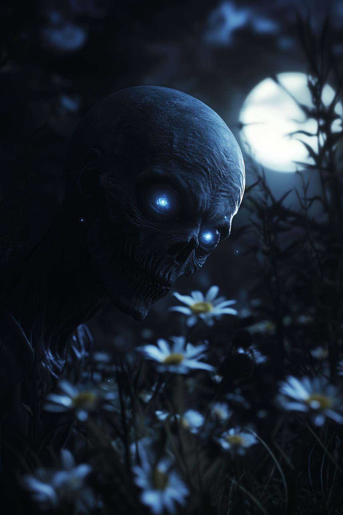 An alien zombie, moonlight, a quiet night, an angle from above, cosmic flowers, flicker, realistic image, photoshop