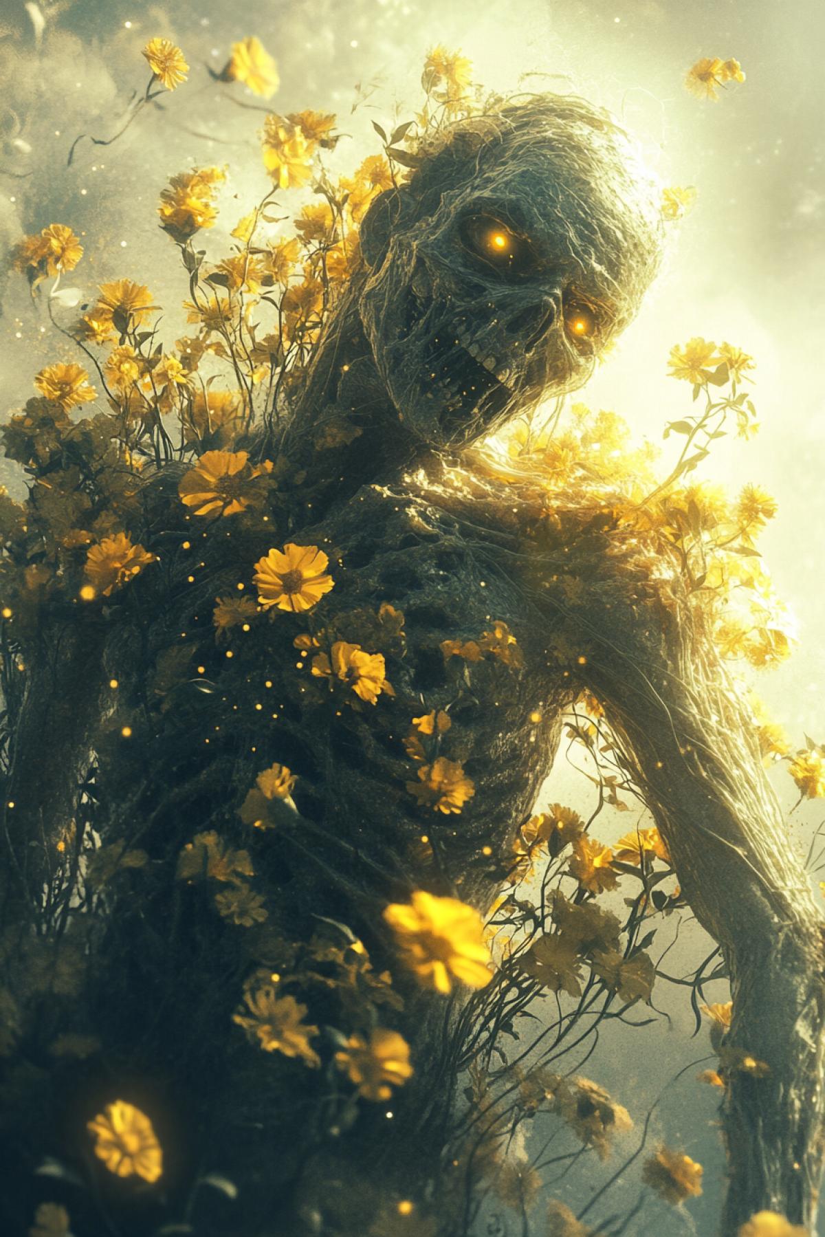 Alien zombie, sunny day, angle from above, cosmic flowers, flicker, realistic image, photoshop