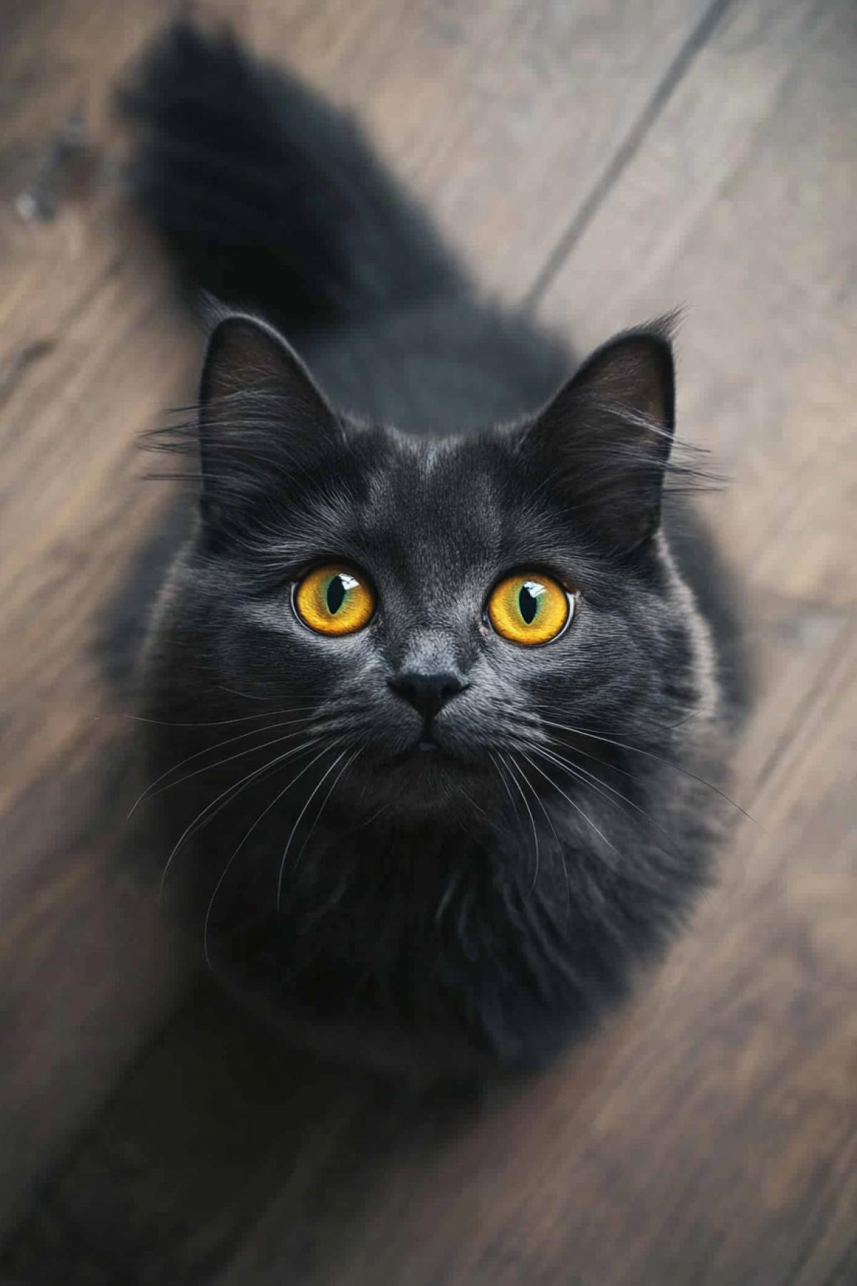 dark fluffy cat with yellow bright eyes peeps in surprise, angle from above, distortion, far from