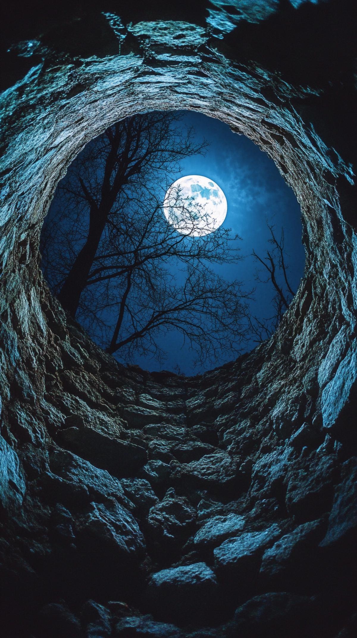 The picture was taken by a camera mounted at the bottom of a stone well. Night, horror. Full moon. The photo was taken using an ultra-wide angle lens. The picture was taken on 35mm Kodak Portra 400 film stylization 100