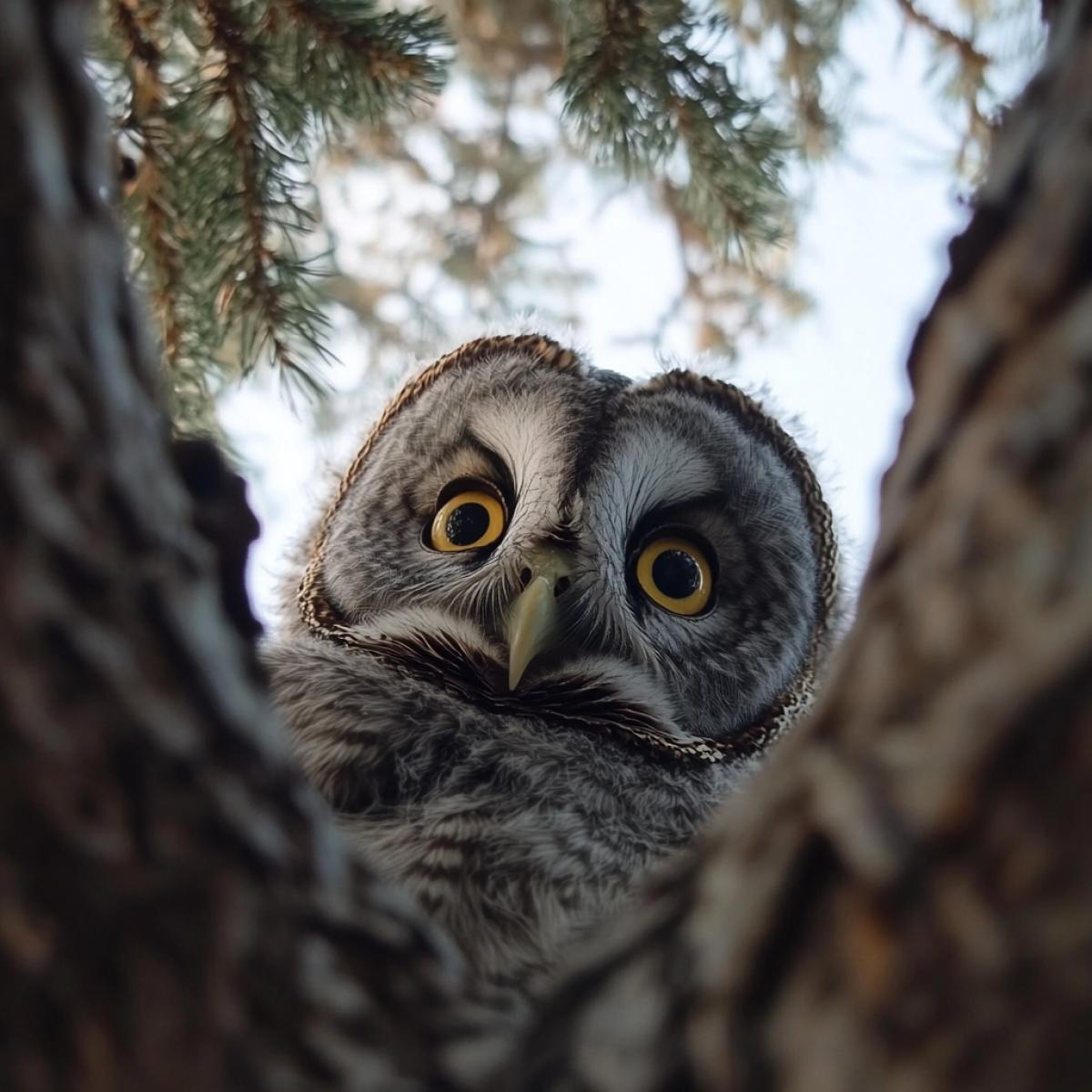 The picture is taken by a camera installed in the nest of the Owl. A cute owl looks into the camera from above, a questioning look. View from below. Photo of high quality