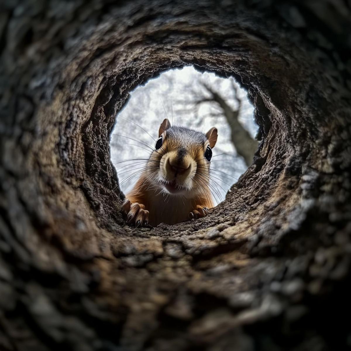 The picture is taken by a camera installed in the hollow of a tree. Squirrel looked into the hollow and looks at the camera from above. Photos of high quality, realistic, funny