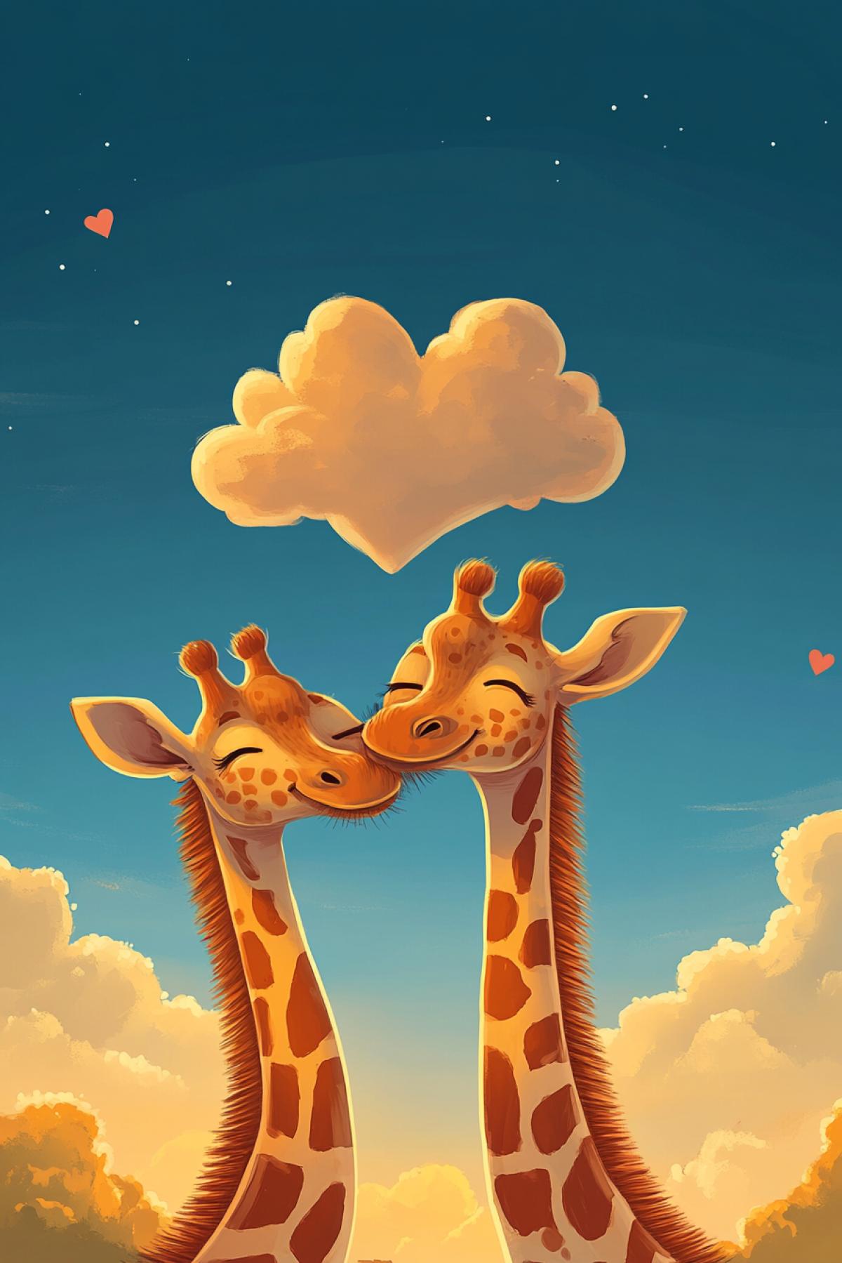 A loving pair of giraffes wrapped their necks around each other. A heart-shaped cloud in the sky. Cartoon. Digital drawing.