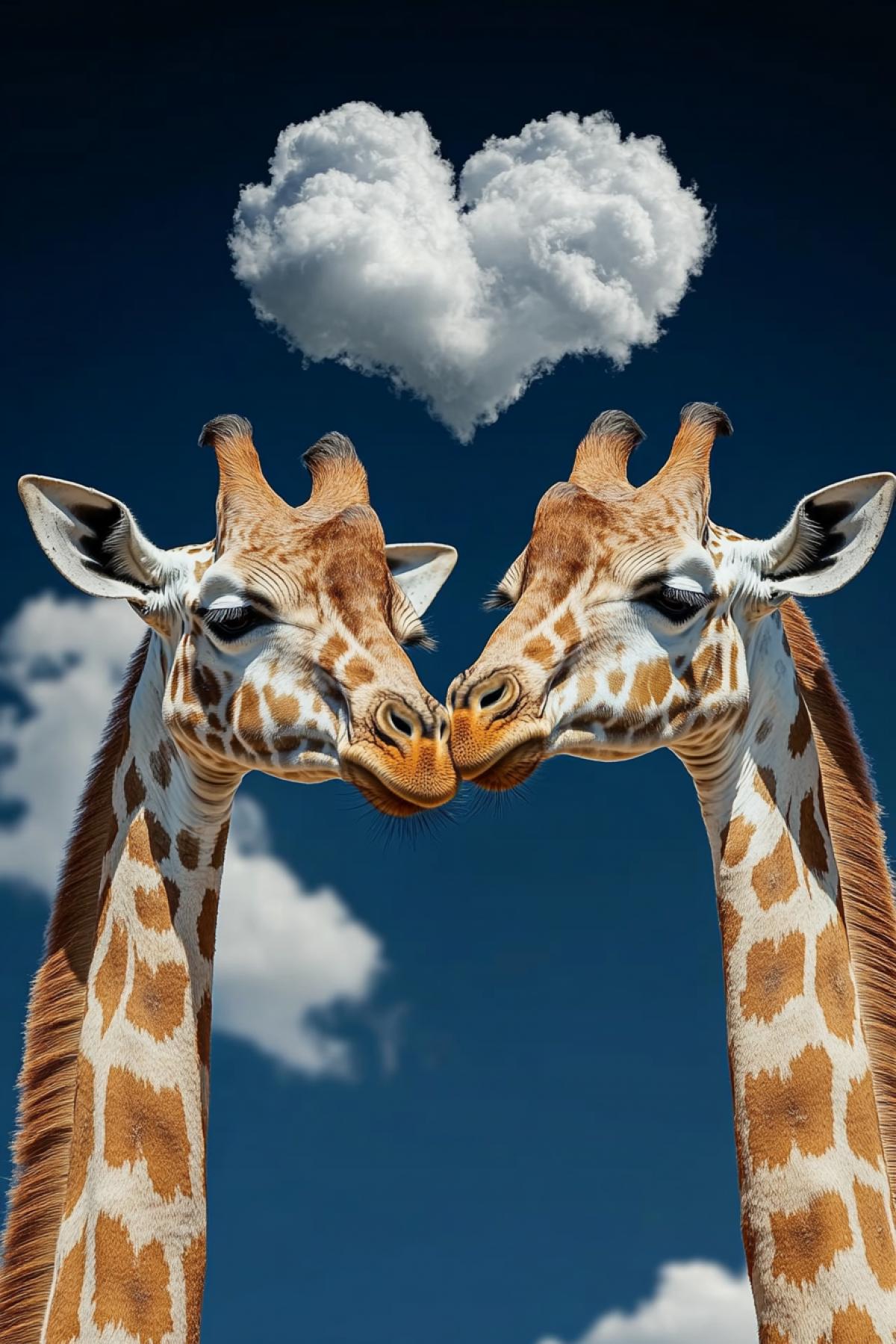 A loving pair of giraffes wrapped their necks around each other. A heart-shaped cloud in the sky.
