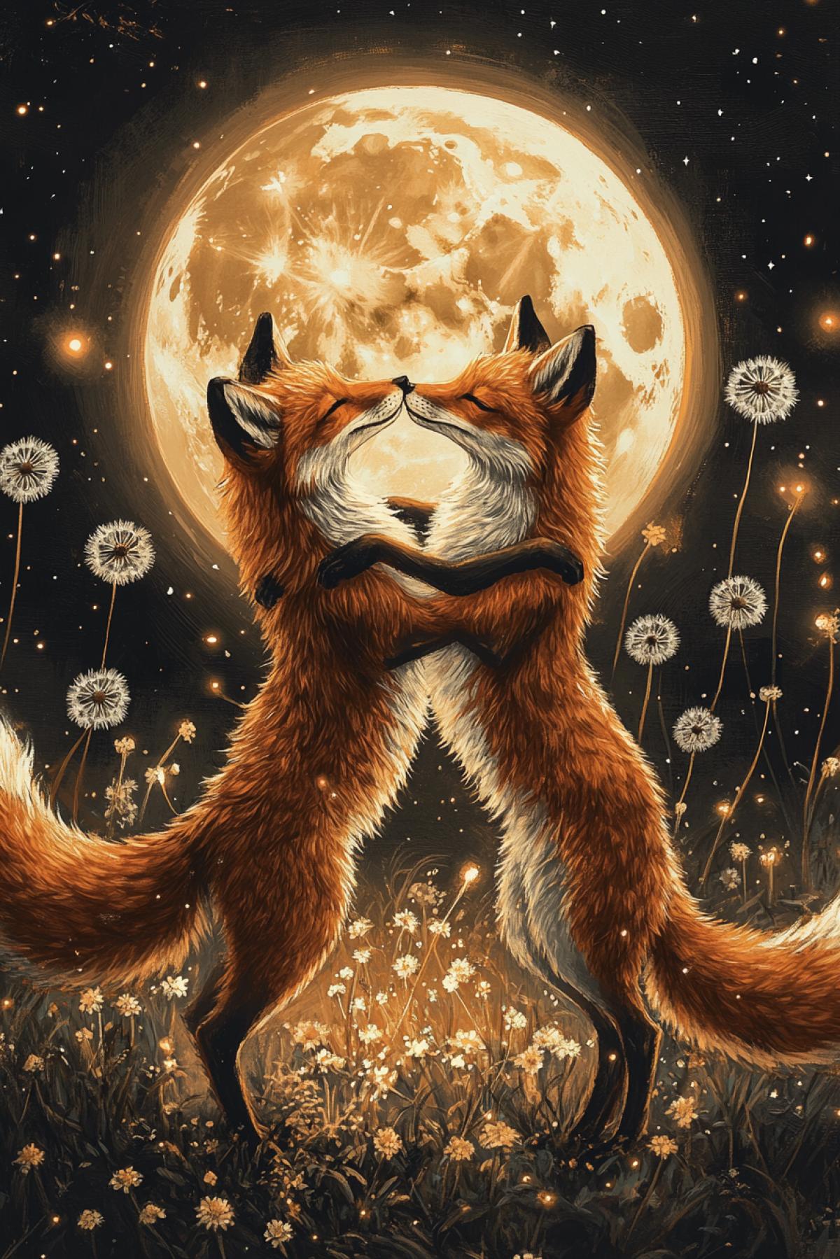 Foxes in the moonlight: a pair of fiery red foxes dancing against the background of a big moon. Their tails are intertwined, creating patterns from stars, and around a field of luminous dandelions. Style: Romantic realism with elements of anime art, palette-warm amber and silver tones