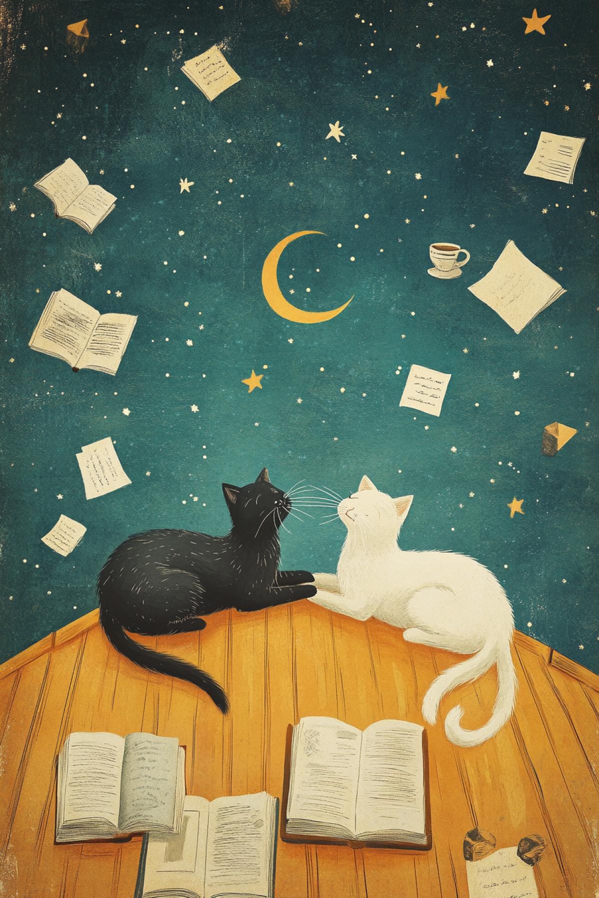 Dispers: two cats lying on the roof under the starry sky. One is dark as night, the other is white as a moon. Their tails form a symbol of infinity, and around them flying books, cups of coffee and notes. Style: Magical Realism with a raid of vintage illustration