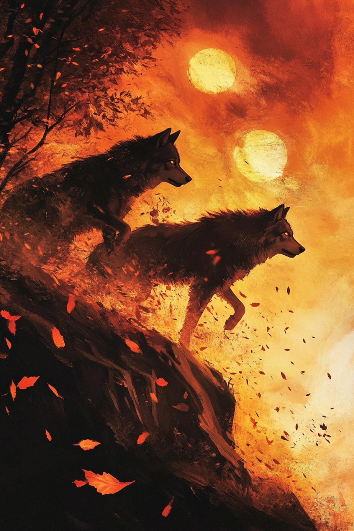 Wolves-wolves: a pair of wolves running along the edge of the cliff, their silhouettes merge with a sunset. The wind lifts around them a cloud of leaves and sparks, and their eyes glow like two suns. Style: Epic realism with elements of impressionism, warm and fiery tones