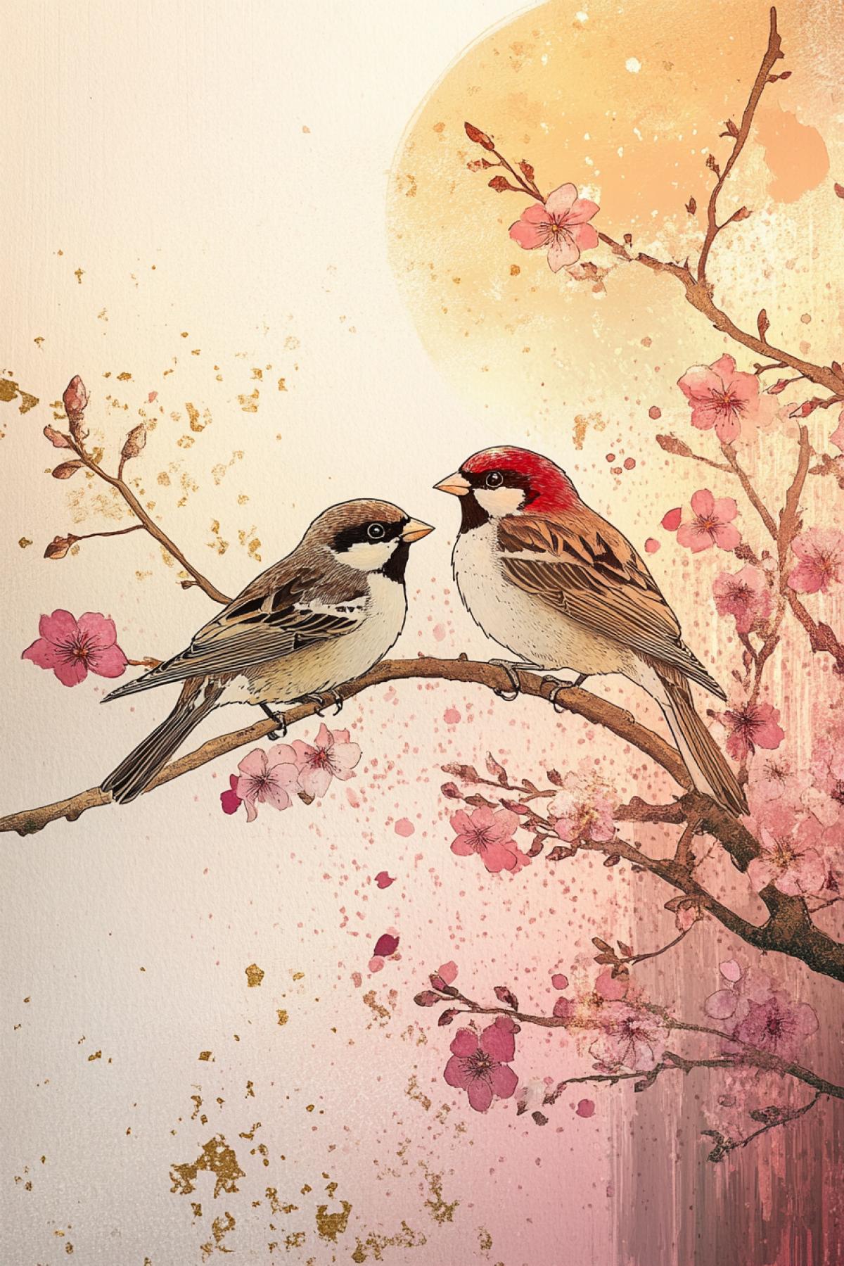 Sparrow Ballad: two sparrows sitting on a sakura branch, their wings touch each other, creating sparks that turn into petals. The background is a sunset sky with a gradient from pink to gold. Style: Watercolor + Japanese engraving, minimalism with an emphasis on emotions