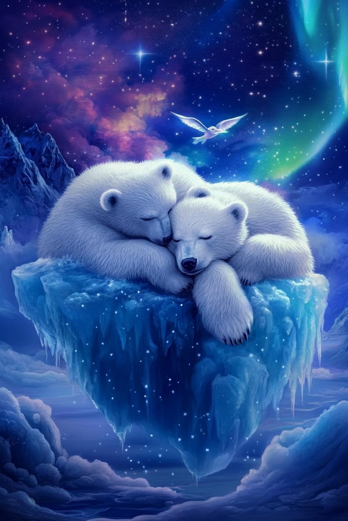 Snow beets: Two white bear, sleeping in the arms of each other on the iceberg, which turns into a cloud. Their dreams are visualized as the northern lights, where they fly among the stars. Style: surrealism + fantasy, cold and delicate shades of blue and purple