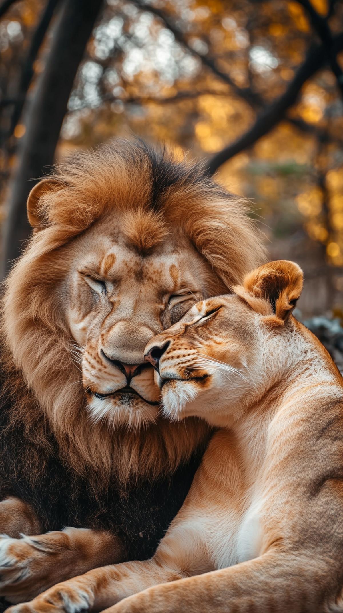 Leo and the lioness lie in the jungle, the lion hugs the lioness, licks her, beautiful photo, love, tenderness, photo high quality, professional shooting