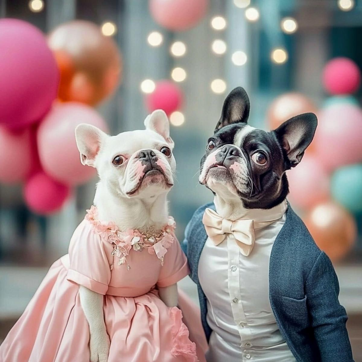 Two dogs in elegant clothes, like a bride and groom, against the backdrop of balls, love, wedding