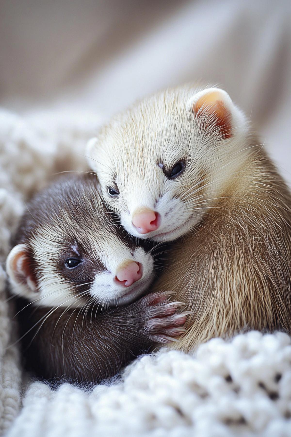 A couple of loving, hugging ferrets. With a gentle loving look