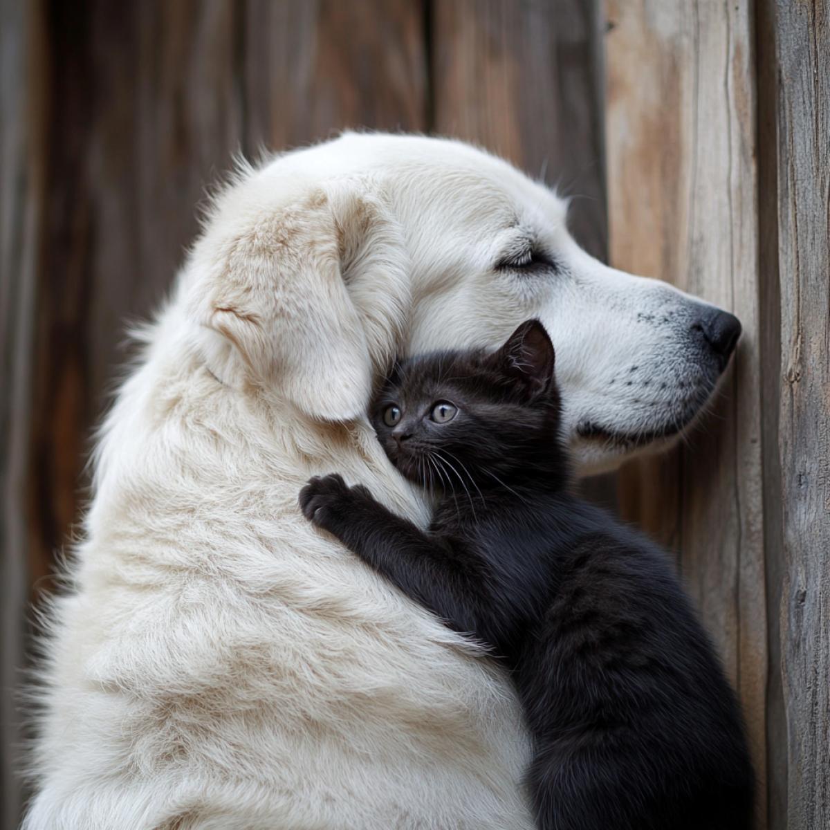 The love of animals, a large white dog hugs a dark kitten, put a paw on a kitten, love, tenderness. The photo is taken from the back from the back. Photo of high quality