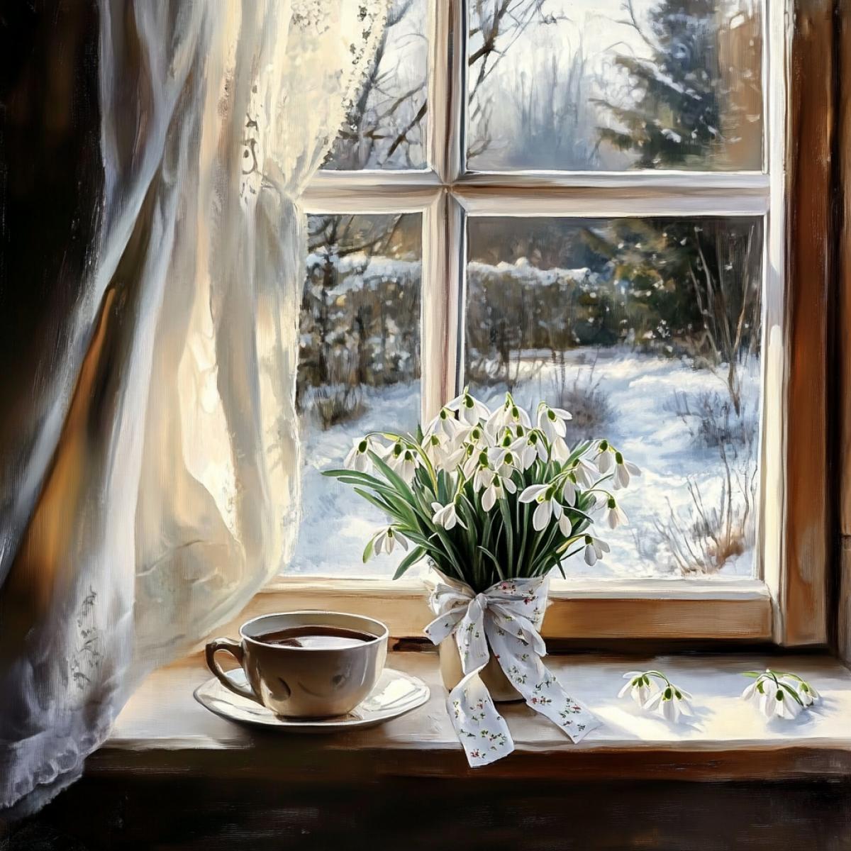 Photorealism, on the windowsill of the open window lies a small bouquet of snowdrops bandaged with a ribbon, a cup of tea, spring light breeze, window open, view of the spring garden, sunlight, closeup