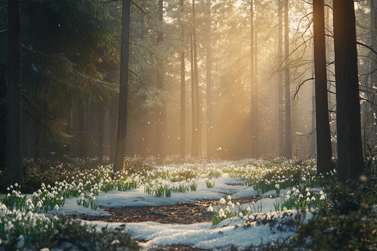 A magical forest clearing with the first snowdrops blooming, soft sunlight breaking through luxury trees, melting snow patches, empty space on the right side for text, early spring in Russia, delicate and hopeful mood, high detail, cinematic lighting, traditional Russian landscape style