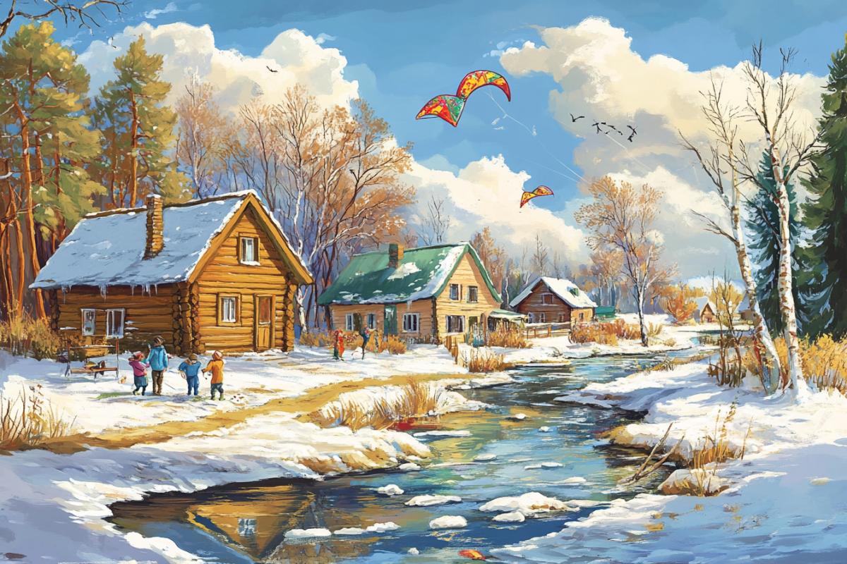 A cozy Russian village scene: wooden houses, a river with melting ice, birch trees with budding leaves, children flying kites, empty space on the left side for text, first day of spring in Russia, joyful and warm mood, high resolution, vibrant colors