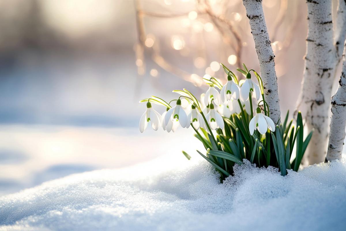 A close-up of snowdrops breaking through the last snow, luxury birch branches in the background, soft morning light, empty space on the left side for text, first day of spring in Russia, renewal and hope, high detail, artistic rendering