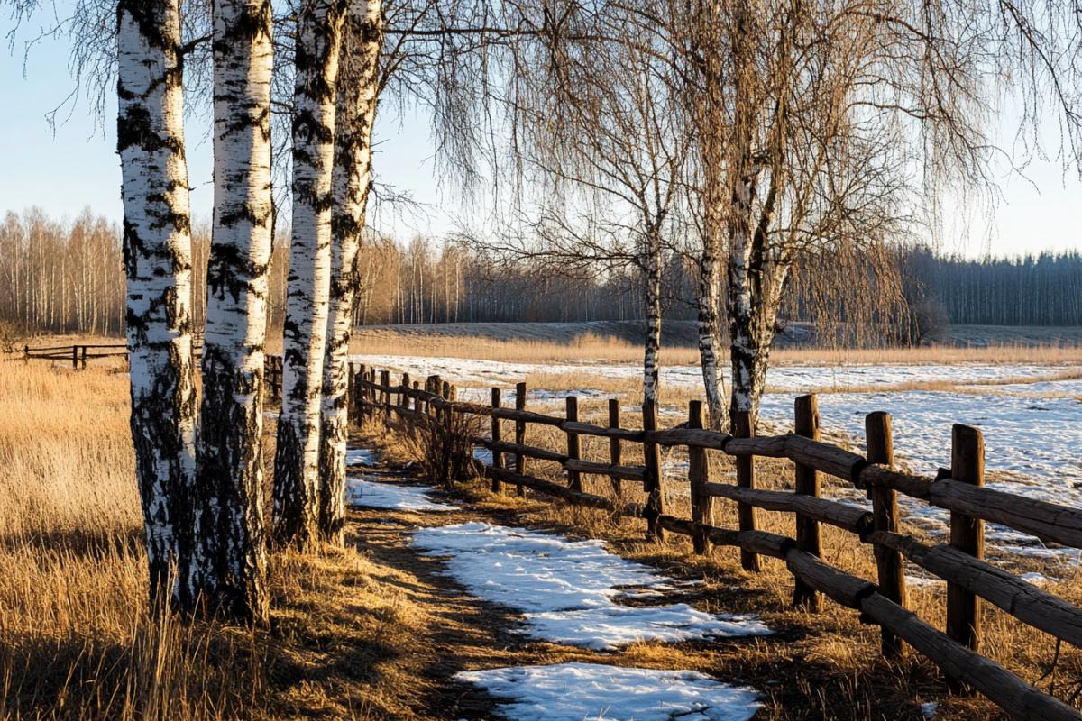 A peaceful Russian countryside scene: a wooden fence, patches of melting snow, luxury birch trees with tiny buds, soft golden light, empty space on the right side for text, first day of spring in Russia, calm and hopeful mood, high detail, traditional landscape style