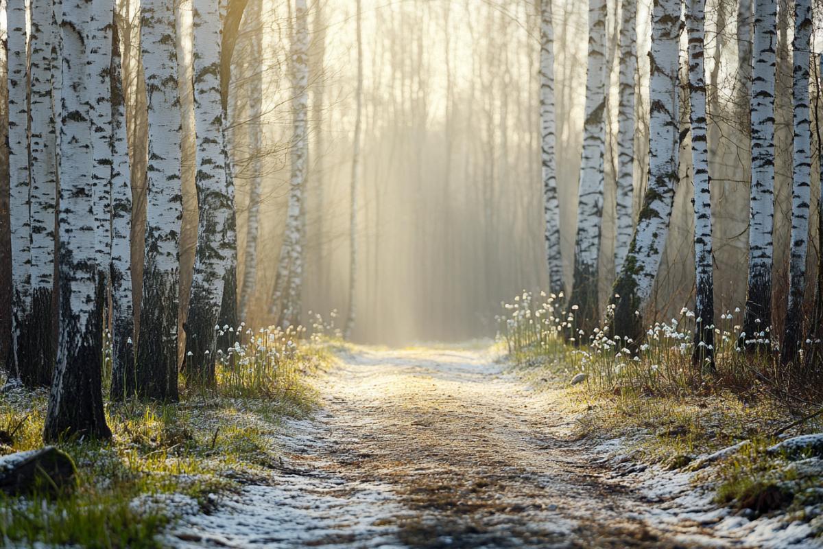 A forest path with the first snowdrops, luxury birch trees with buds, soft sunlight breaking through the branches, empty space on the left side for text, first day of spring in Russia, fresh and hopeful mood, high resolution, natural lighting