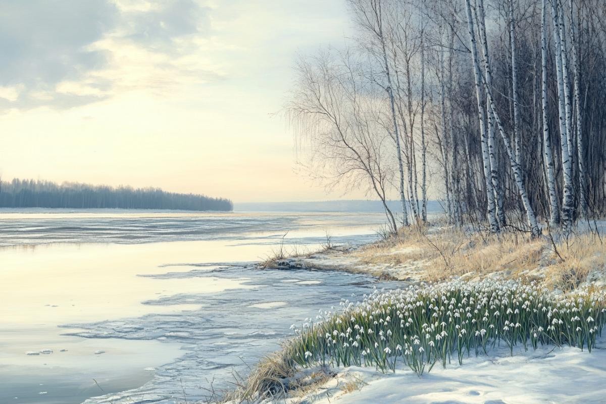 A serene riverbank scene: melting ice on the water, luxury birch trees with tiny buds, snowdrops blooming near the shore, soft pastel sky, empty space on the right side for text, first day of spring in Russia, peaceful and hopeful mood, high detail, artistic style