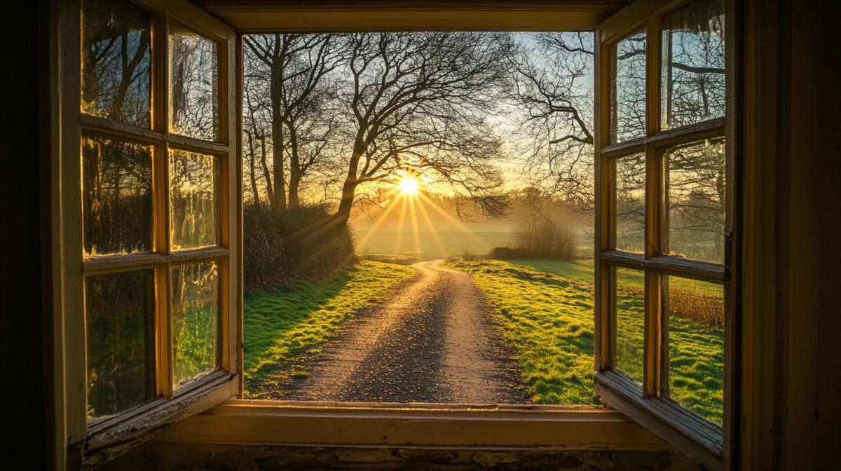 Early spring, the first greenery, From the open window you can see a magnificent morning with the sun shining through the trees onto the country road.