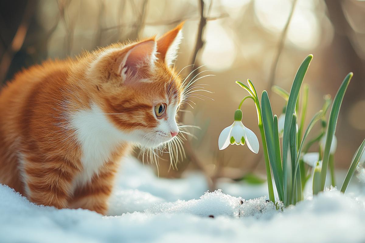 The red kitten saw the first snowdrop in his life approached him and sniffs in surprise. The first spring day. Meeting spring and winter. Thaw