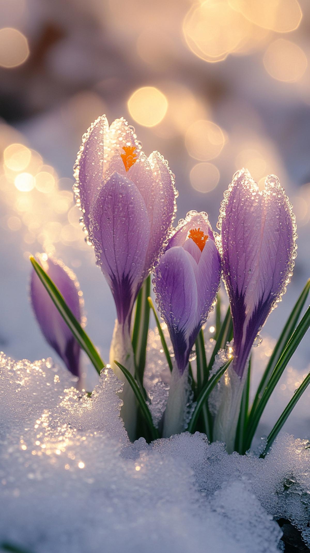 Surrealism of close-up macro photography: crocus flowers in the snow, drenched with dew in the morning light of the rising sun, high resolution, excellent detail, good sharpness gradient, excellent image com4k, color filters, shot with a Hasselblad X2D 100C 100 MP IBIS PDAF lens f/2.8 35 mm, HD 12k