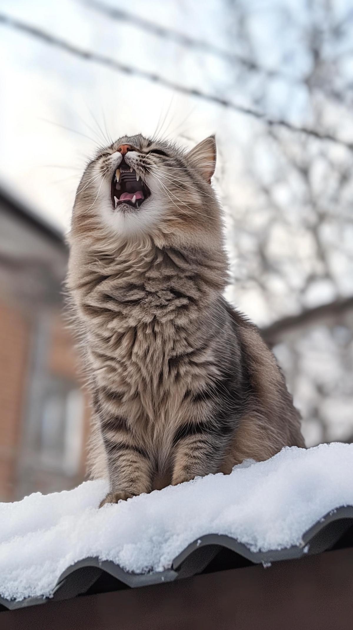 The cat screams on the roof of the house, winter, snow melts, drops, the sun, the beginning of spring