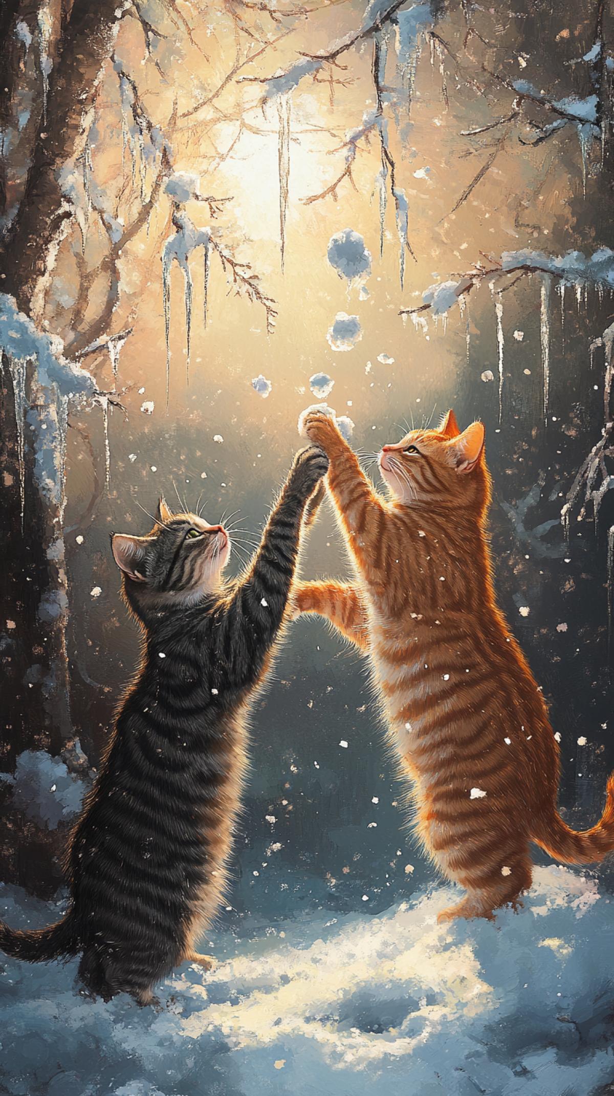 cats fight, snow melts, drops, icicles, the sun, the beginning of spring