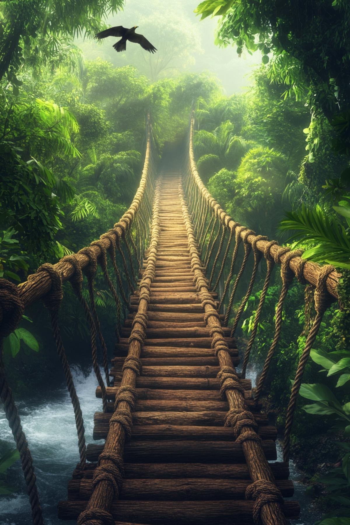 A jungle rope bridge made of woven vines and wooden planks, swaying over a roaring river, surrounded by lush green foliage, exotic birds flying nearby, dynamic angle, vibrant tropical colors, high contrast, adventurous mood