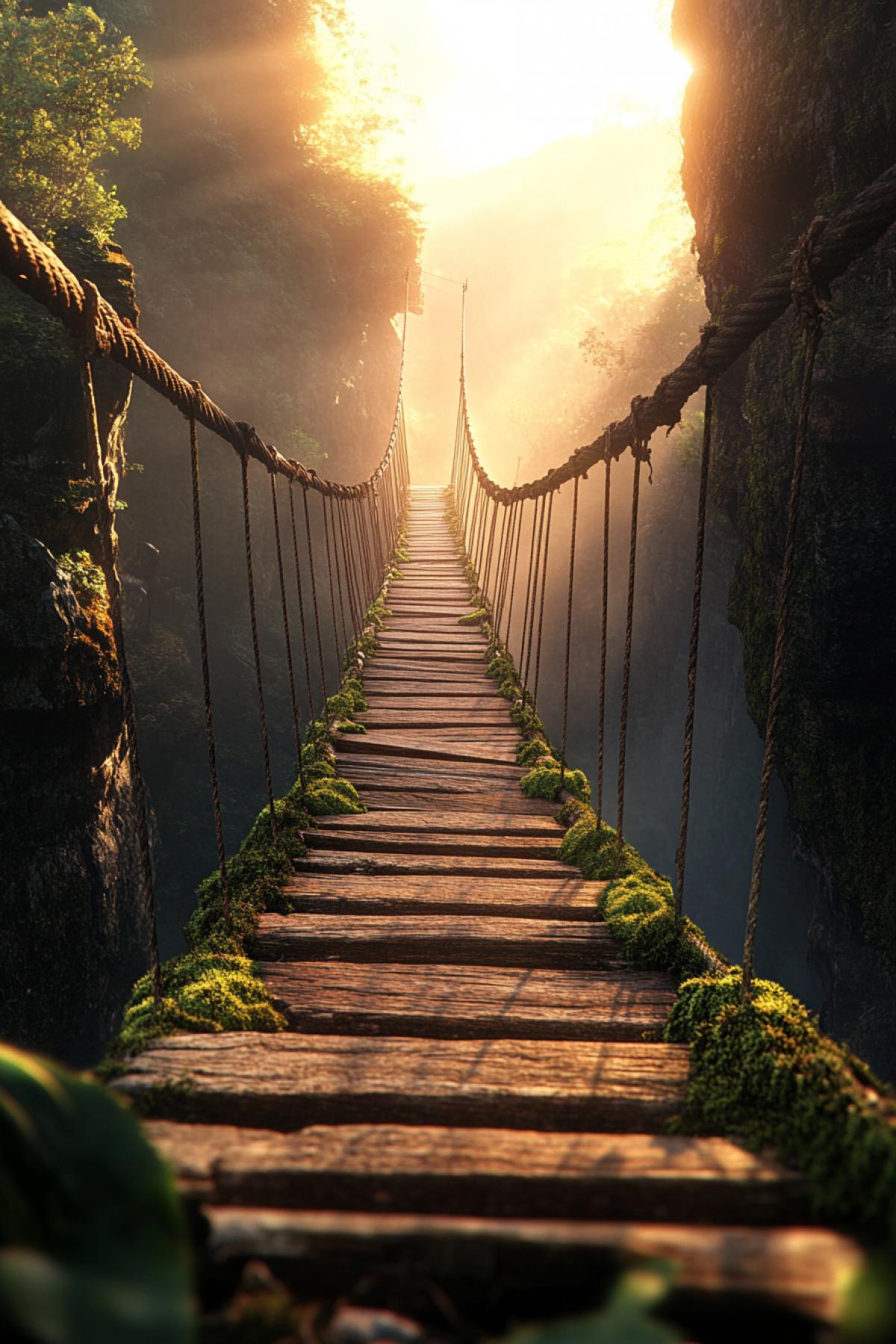 A narrow rope suspension bridge over a deep mountain gorge, wooden planks slightly swaying, thick ropes covered in moss, mist rising from below, golden sunrise light, cinematic atmosphere, hyper-detailed, adventure vibe, dramatic perspective