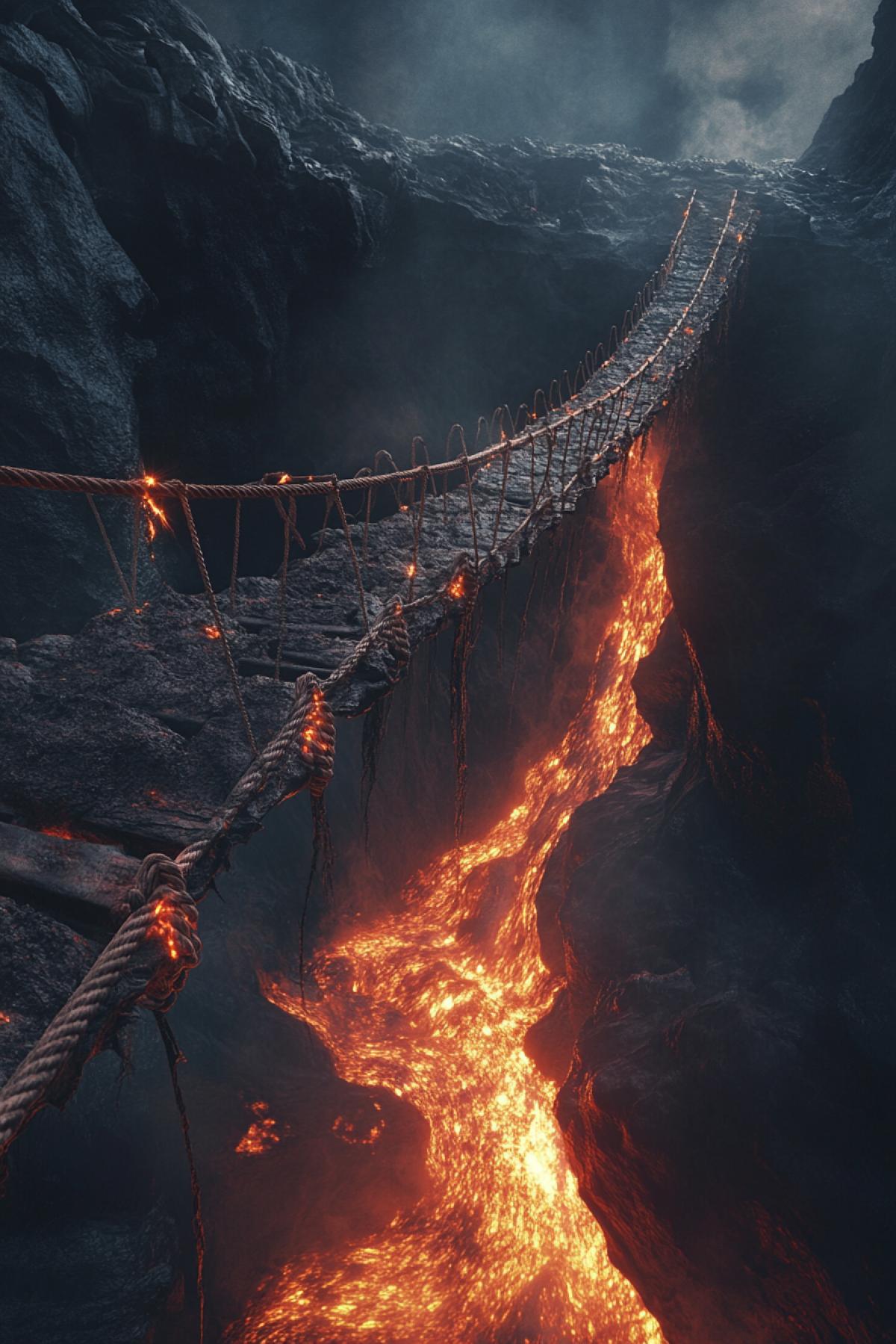 A precarious rope bridge over a volcanic abyss, lava flows below, sparks flying, thick ropes holding the structure together, dramatic shadows, apocalyptic atmosphere, photorealistic rendering, intense color palette, high tension