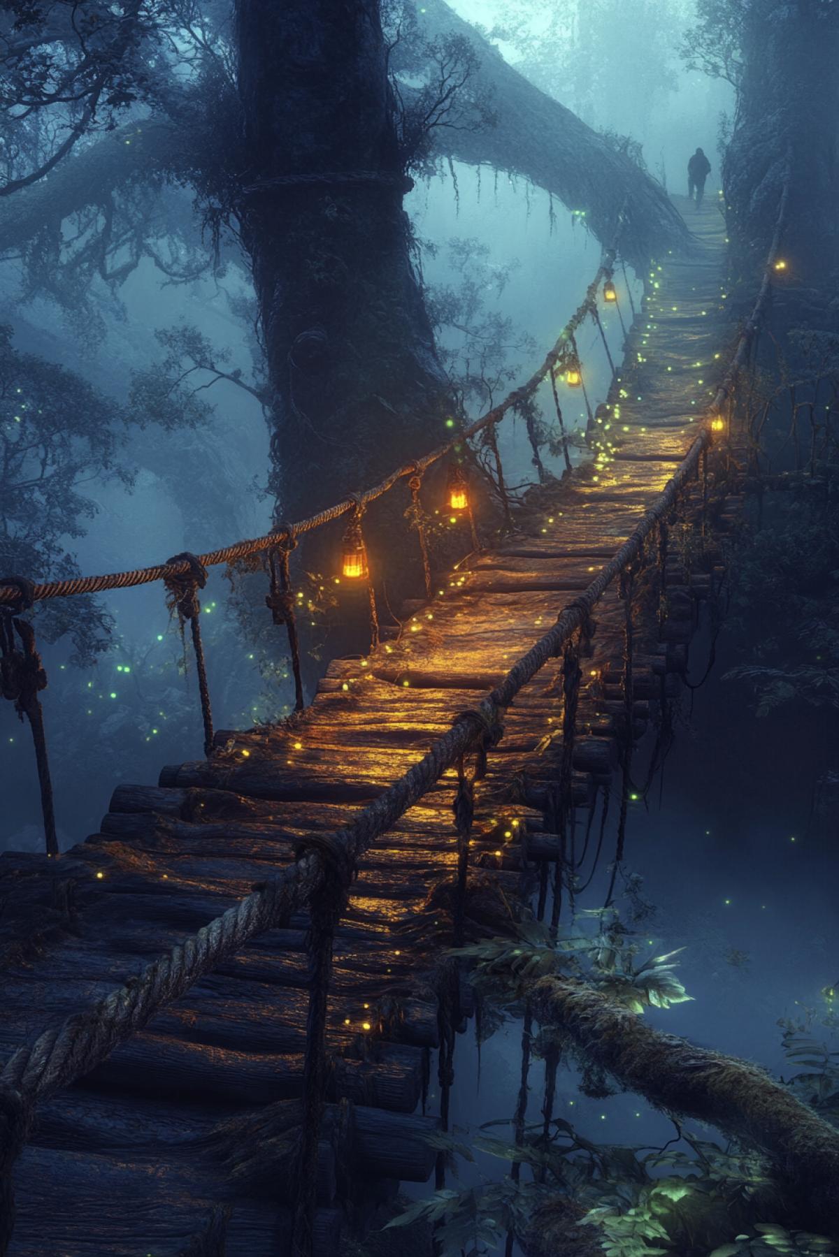 A rustic rope bridge in a mystical forest, glowing bioluminescent plants illuminating the path, fog surrounding the area, a lone traveler crossing with a lantern, dark fantasy vibe, magical realism, highly detailed textures, ethereal lighting
