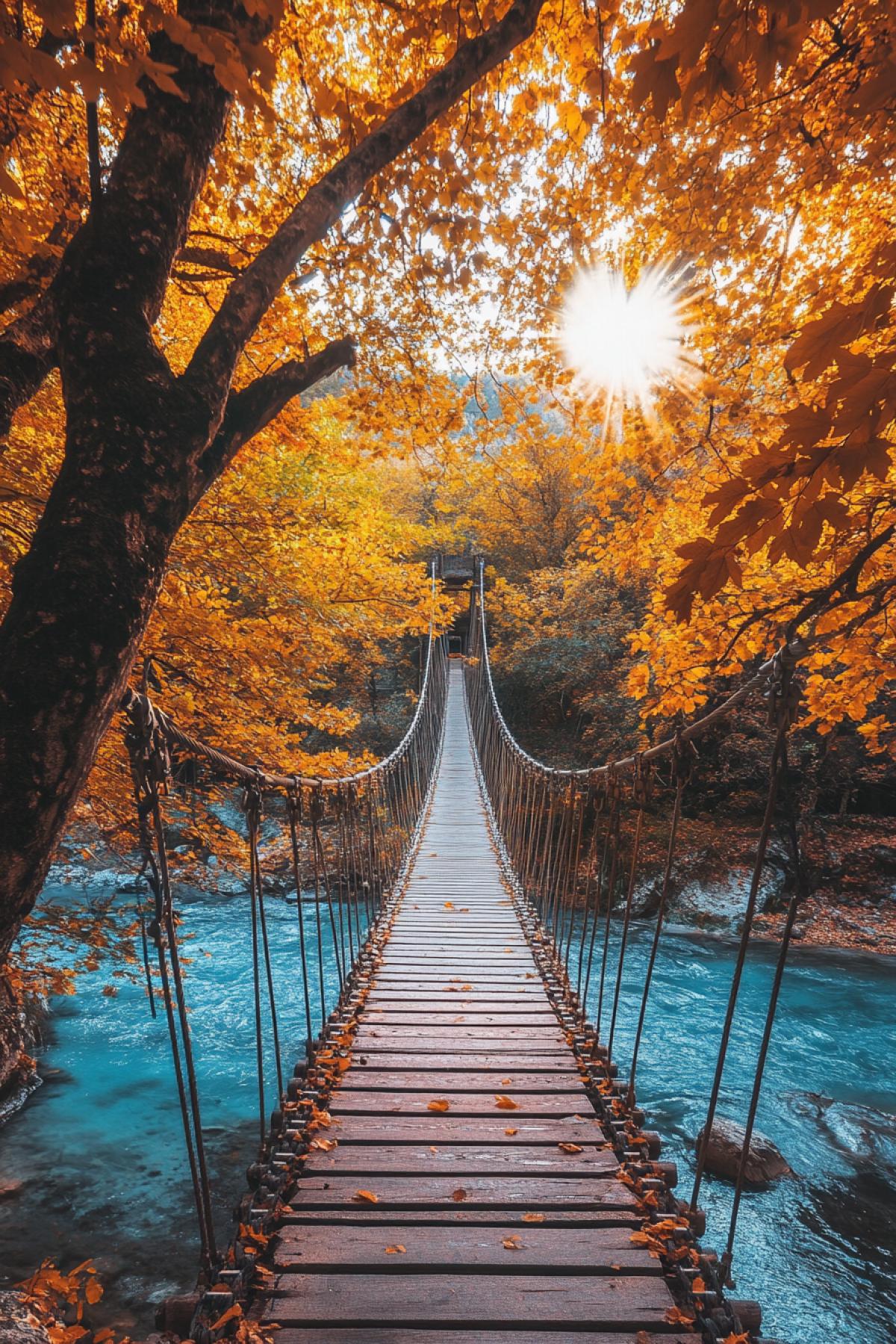 A historic rope suspension bridge over a crystal-clear river, surrounded by autumn trees with golden leaves, soft sunlight filtering through the branches, peaceful and nostalgic mood, highly detailed, traditional landscape style, warm tones