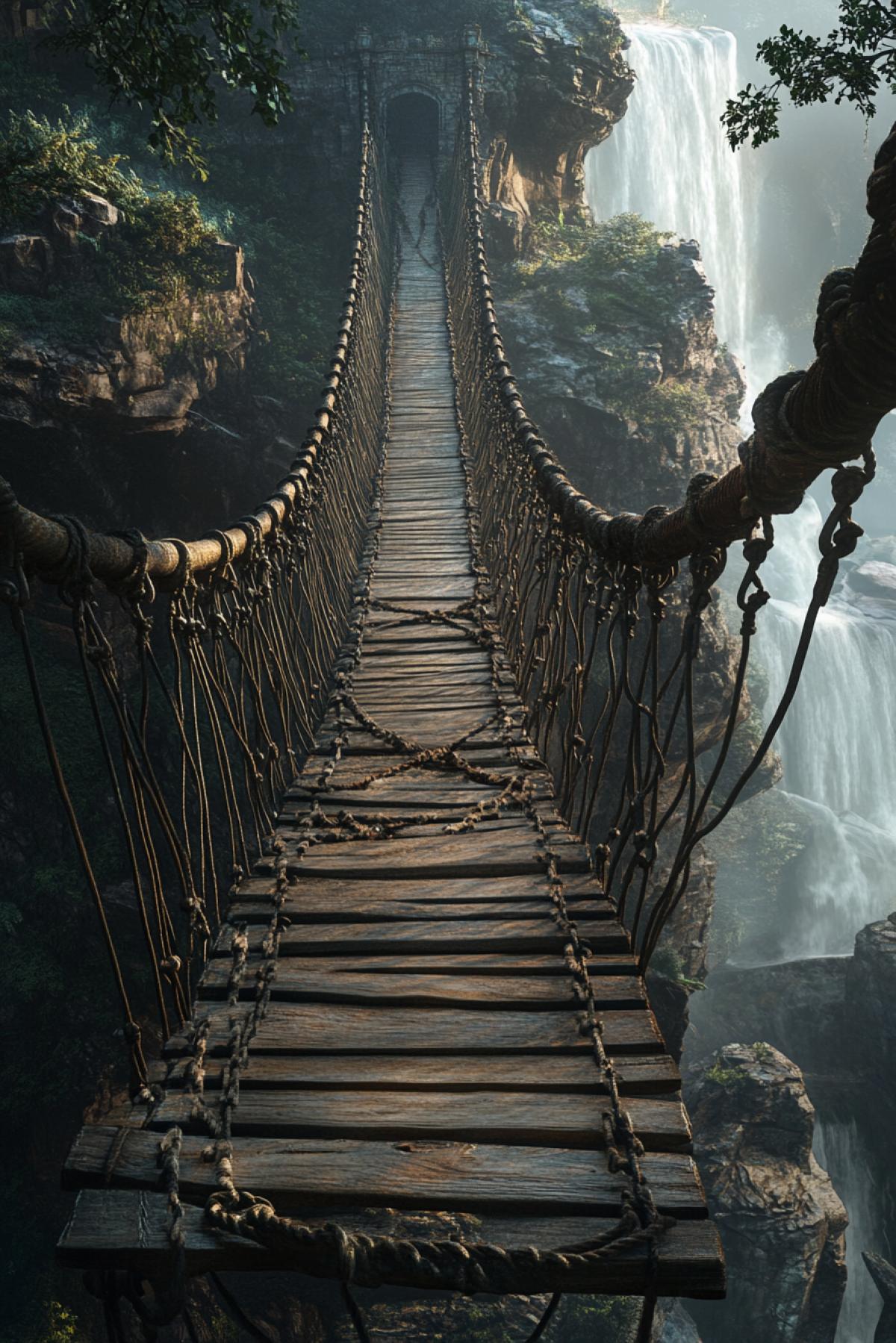Images where the central element is the cable bridge fragile, atmospheric or epic. The emphasis on the details: intertwined ropes, shaky boards, metal mounts or ancient supports. Show the bridge in an unusual environment above the abyss in the mountains, among waterfalls.
