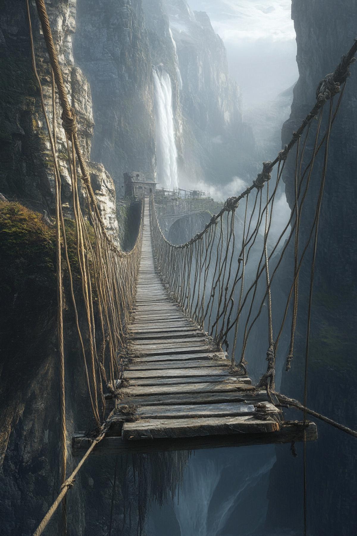 Images where the central element is the cable bridge fragile, atmospheric or epic. The emphasis on the details: intertwined ropes, shaky boards, metal mounts or ancient supports. Show the bridge in an unusual environment above the abyss in the mountains, among waterfalls.