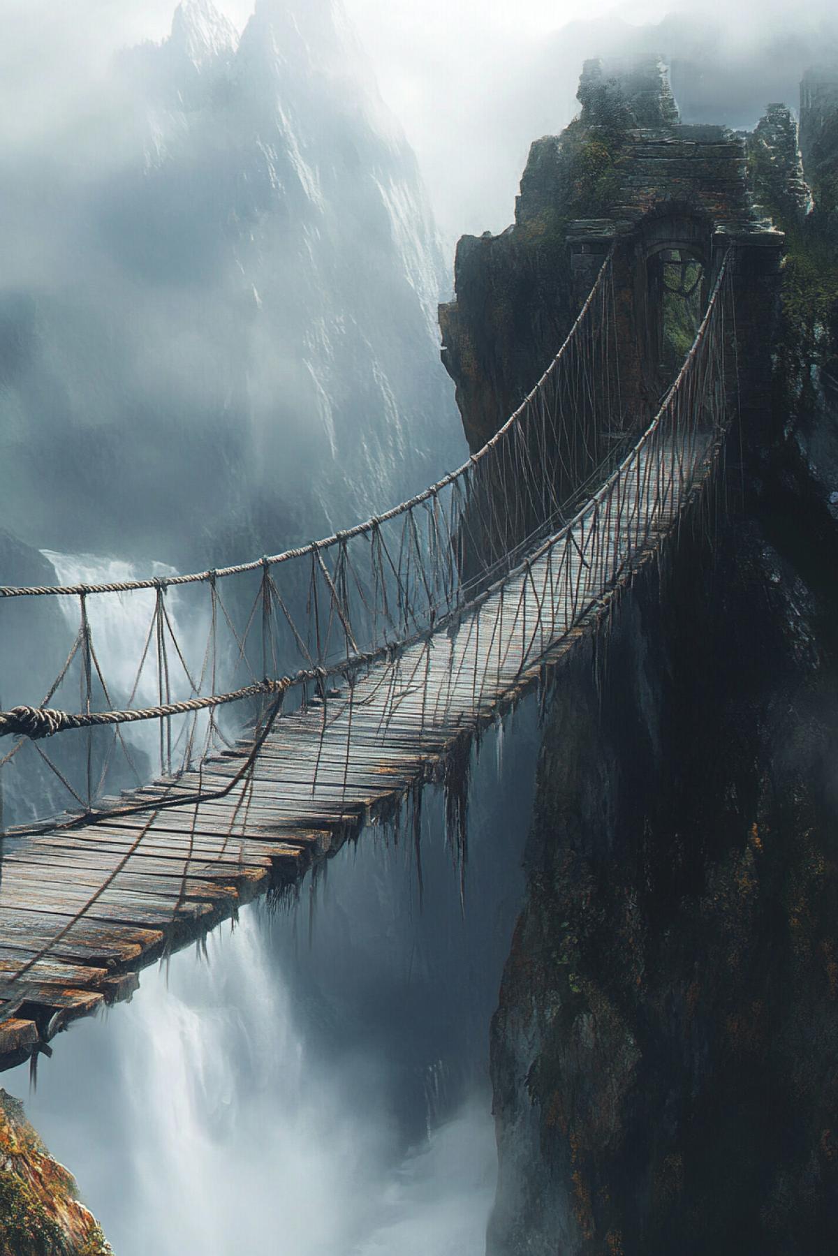 Images where the central element is the cable bridge fragile, atmospheric or epic. The emphasis on the details: intertwined ropes, shaky boards, metal mounts or ancient supports. Show the bridge in an unusual environment above the abyss in the mountains, among waterfalls.