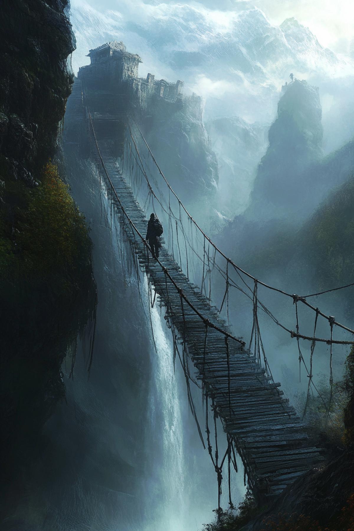 Images where the central element is the cable bridge fragile, atmospheric or epic. The emphasis on the details: intertwined ropes, shaky boards, metal mounts or ancient supports. Show the bridge in an unusual environment above the abyss in the mountains, among waterfalls.