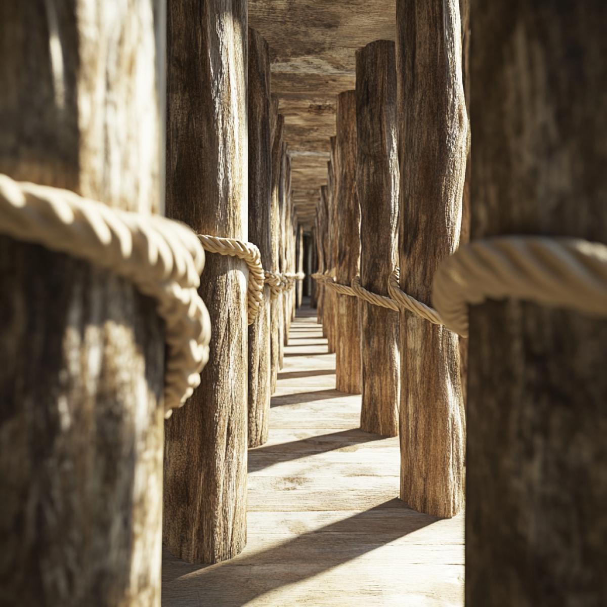 A number of engineering wooden columns and ropes. Perspective