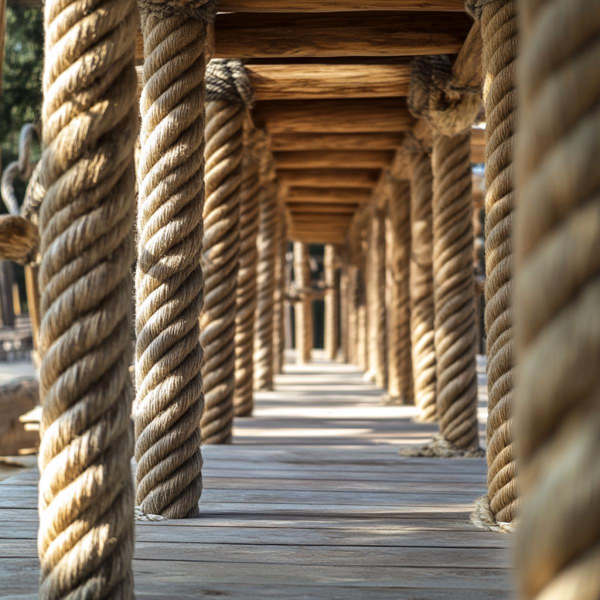 A number of engineering wooden columns and ropes. Perspective