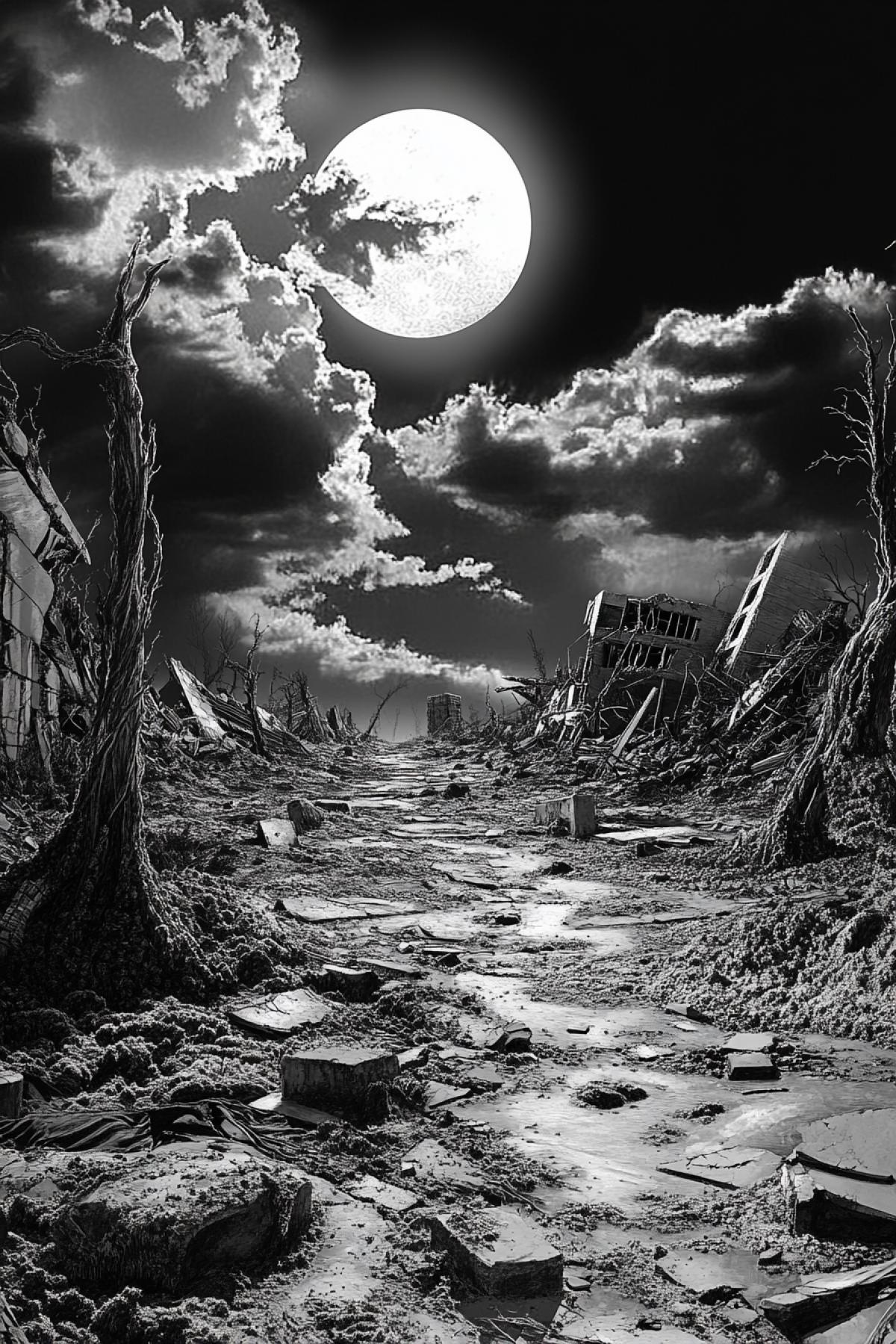The world after a grand catastrophe: destroyed cities, overgrown streets and empty, devastated landscapes. Your task is to create an image of the apocalyptic world, where every detail tells the story of the end of the era.