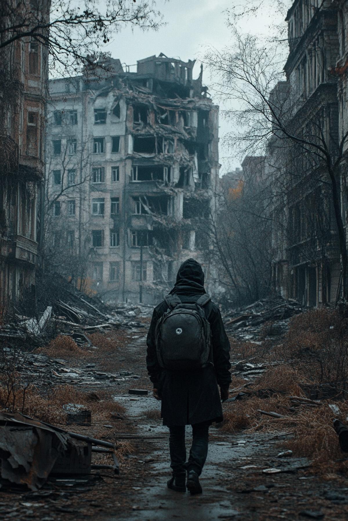 The world after a grand catastrophe: destroyed cities, overgrown streets and empty, devastated landscapes. Your task is to create an image of the apocalyptic world, where every detail tells the story of the end of the era.